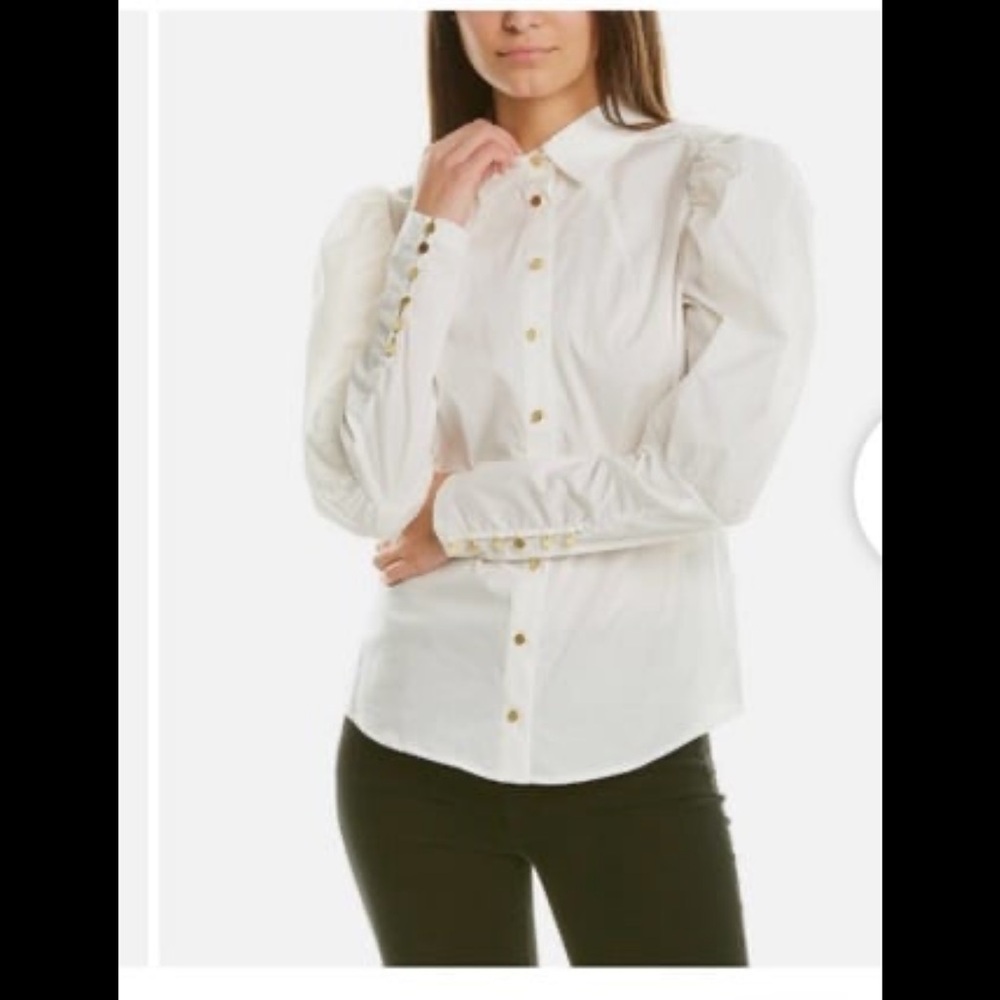 Nicole Miller White long Sleeve Gold Button Blouse